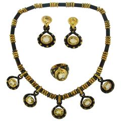 Faraone Yellow Sapphire Gun Metal Yellow Gold Ring Necklace Earrings Set 12