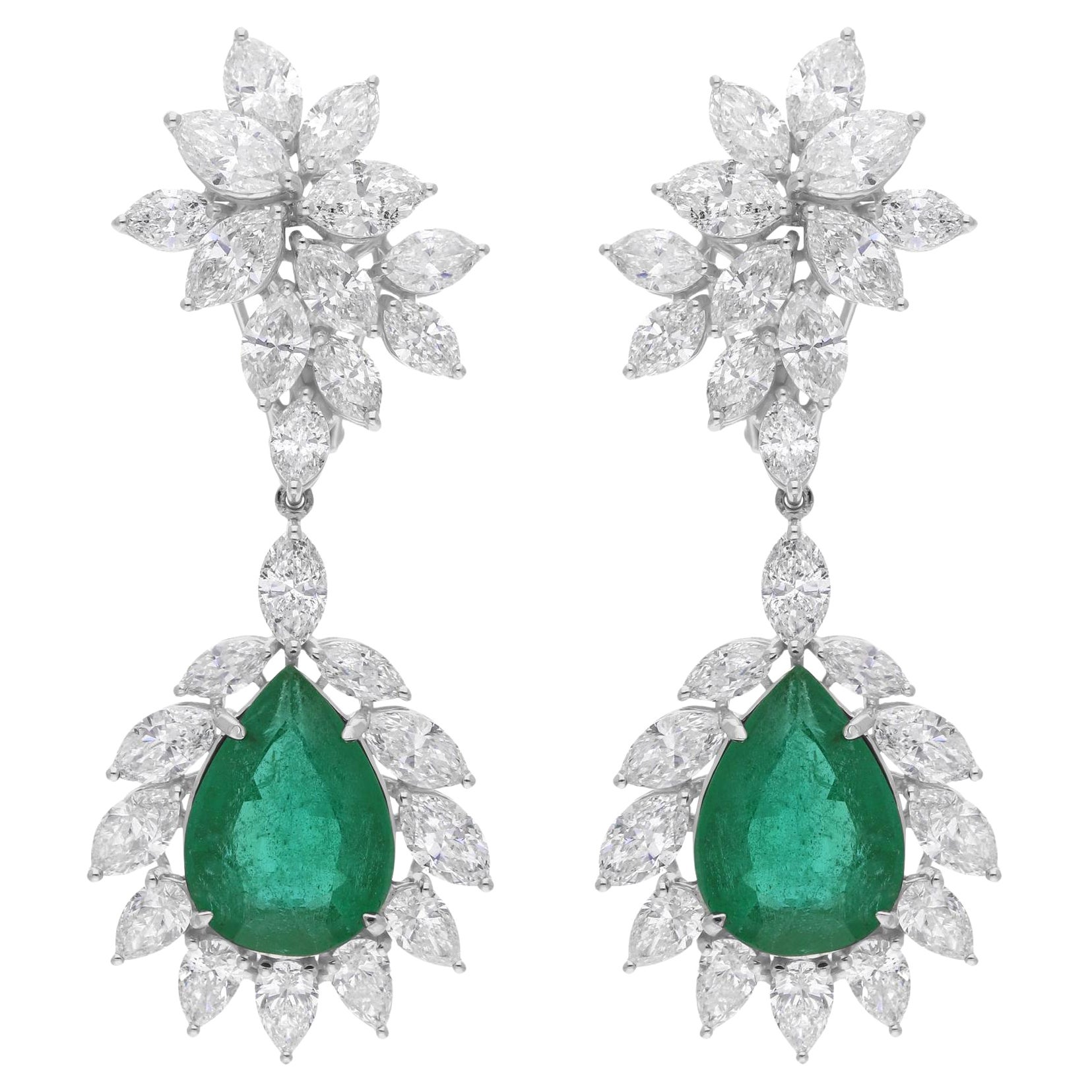 Pear Zambian Emerald Dangle Earrings SI/H Diamond 14 Karat White Gold 20.21 Tcw