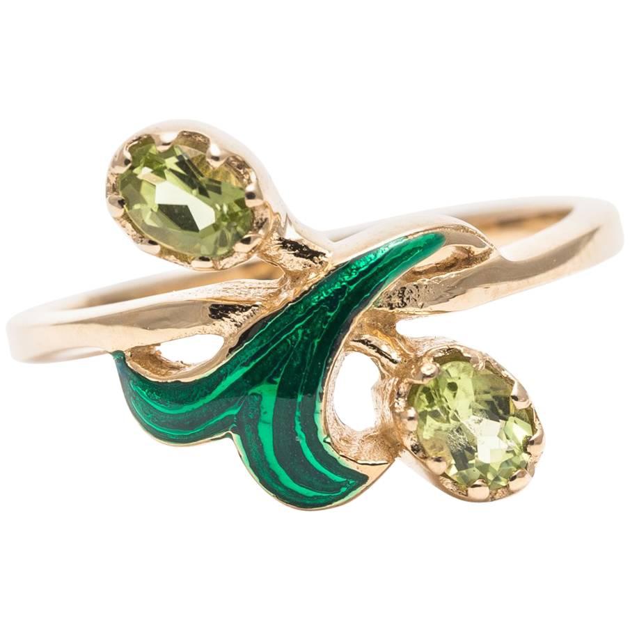  Peridot and Enamel Flower Ring in Yellow Gold