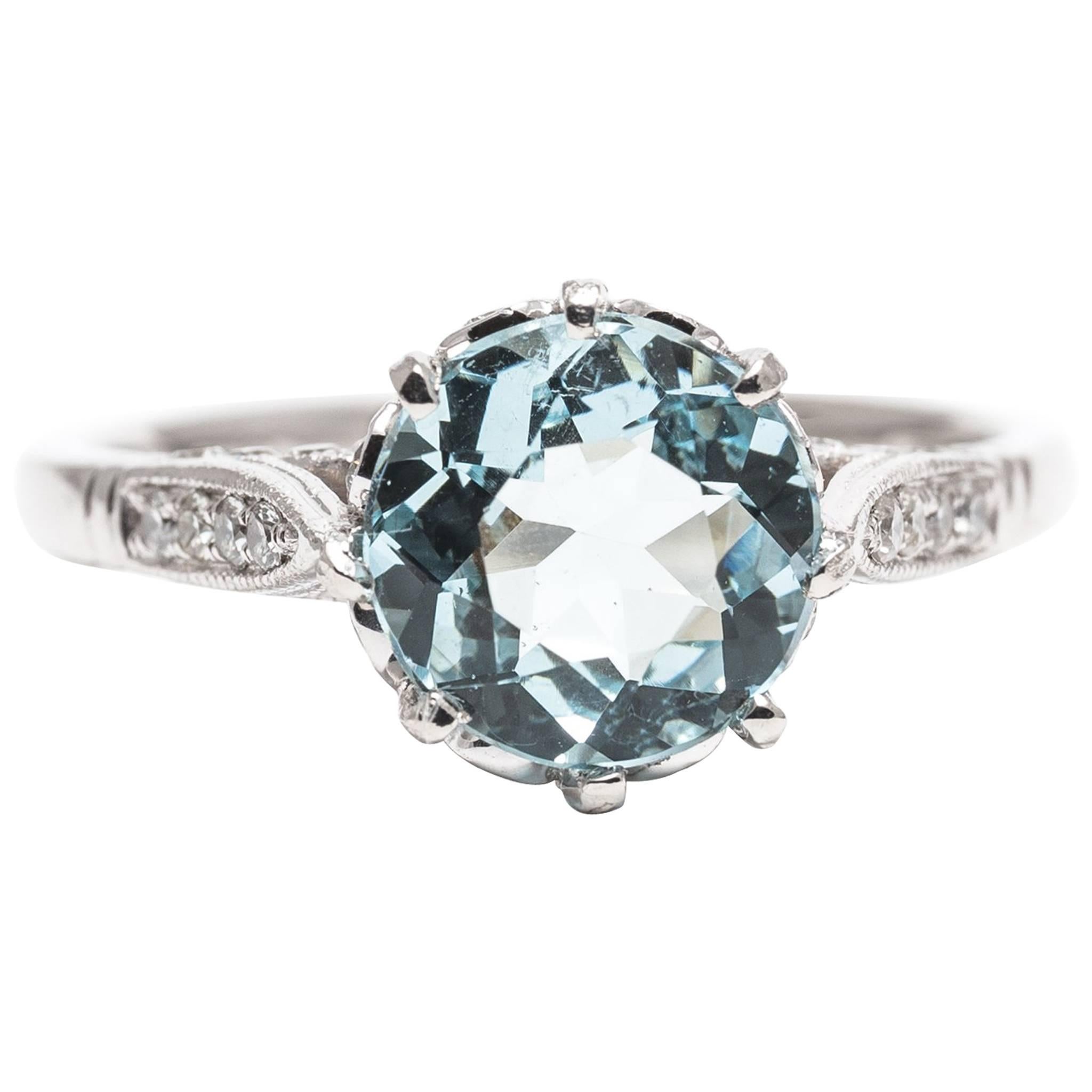  Aquamarine and Pave Diamond Ring in Platinum