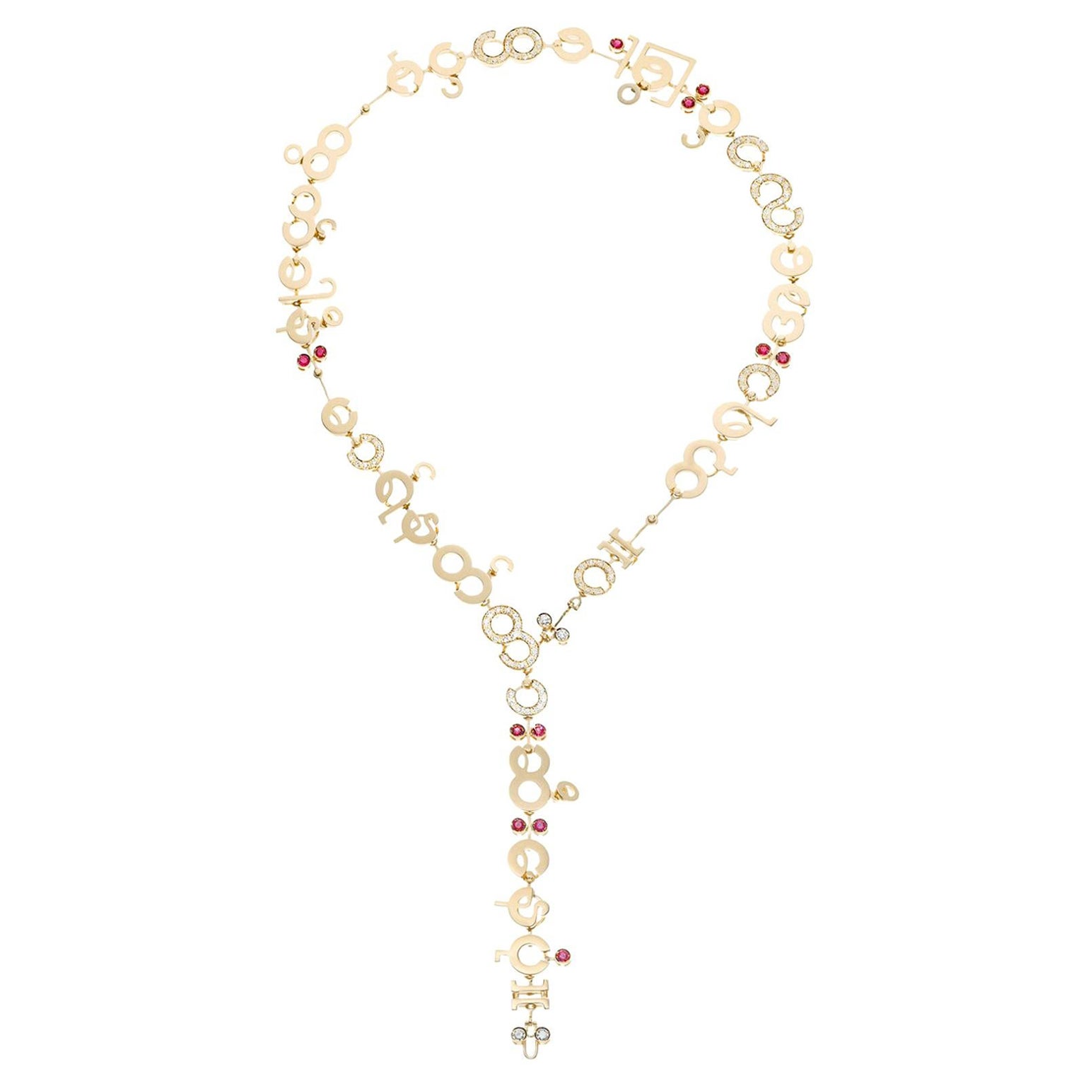 Nathalie Jean Contemporary 2.32 Carat Diamond 1.2 Carat Ruby Gold Drop Necklace