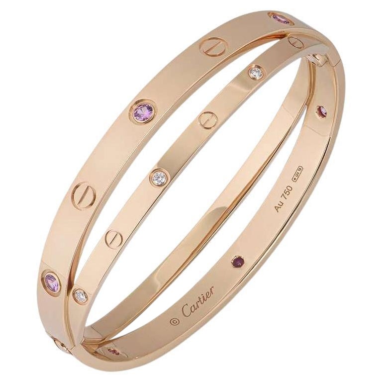 Cartier Rose Gold Half Diamond & Pink Sapphire Double Love Bracelet Size 17 N670