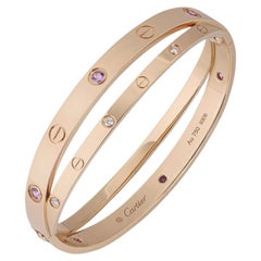 Cartier Rose Gold Half Diamond & Pink Sapphire Double Love Bracelet Size 17 N670