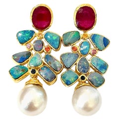 Bochic “Orient” Red, Opal & Multi Color Sapphires Earrings Set 18K Gold &Silver