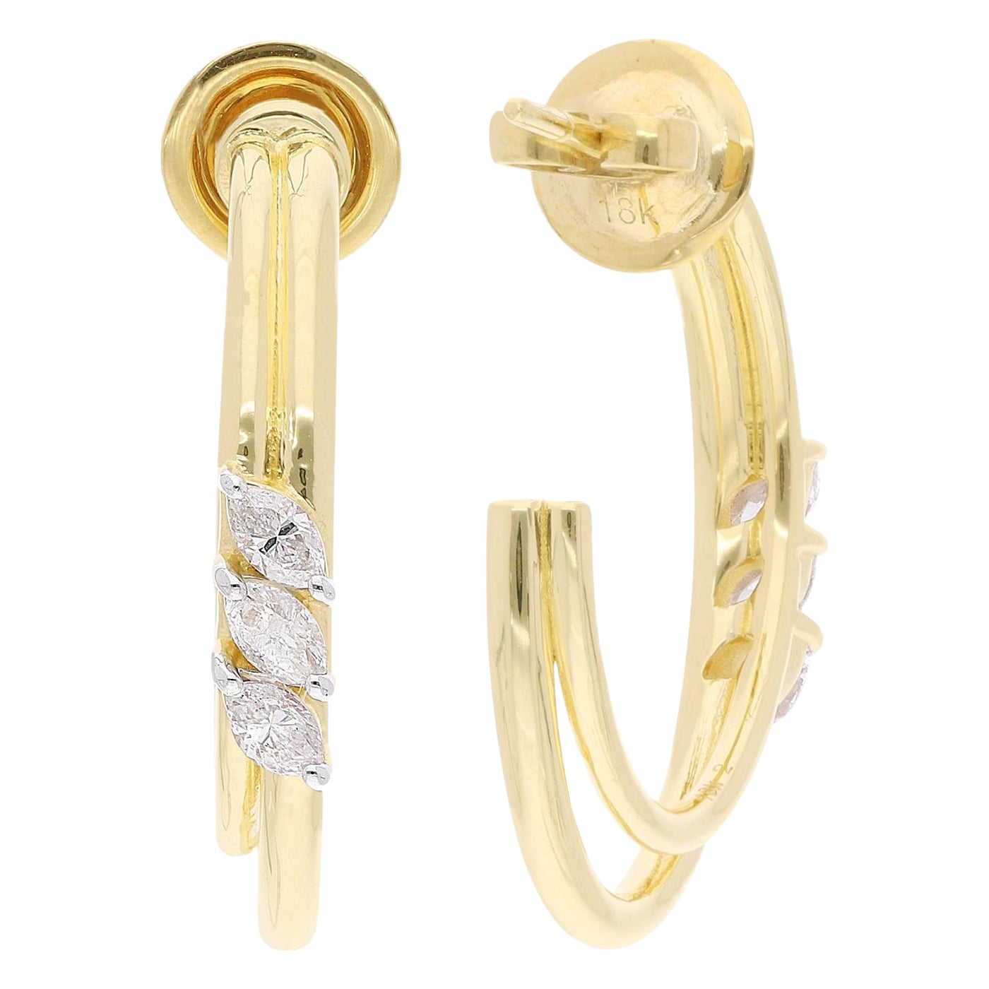 0.55 Ct. SI Clarity HI Color Marquise Diamond Hoop Earrings 18 Karat Yellow Gold