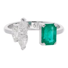 Emerald Cut Natural Emerald Gemstone Cuff Ring Pear Diamond 18 Karat White Gold