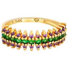 Semi Eternity Purple And Green Gems 14k Gold Ring Band