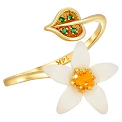 Carved Flower 14k Ring with Gemstones