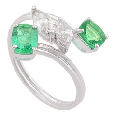 1.41 TCW Natural Emerald Gemstone Wrap Ring Marquise Diamond 18 Karat White Gold