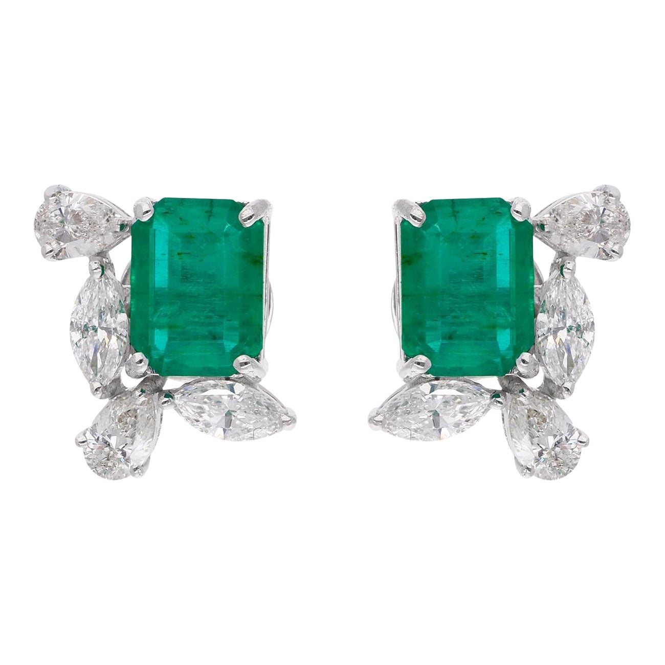 Natural Emerald Gemstone Stud Earrings Pear Marquise Diamond 18 Karat White Gold