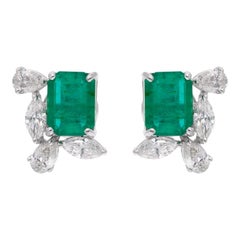 Natural Emerald Gemstone Stud Earrings Pear Marquise Diamond 18 Karat White Gold
