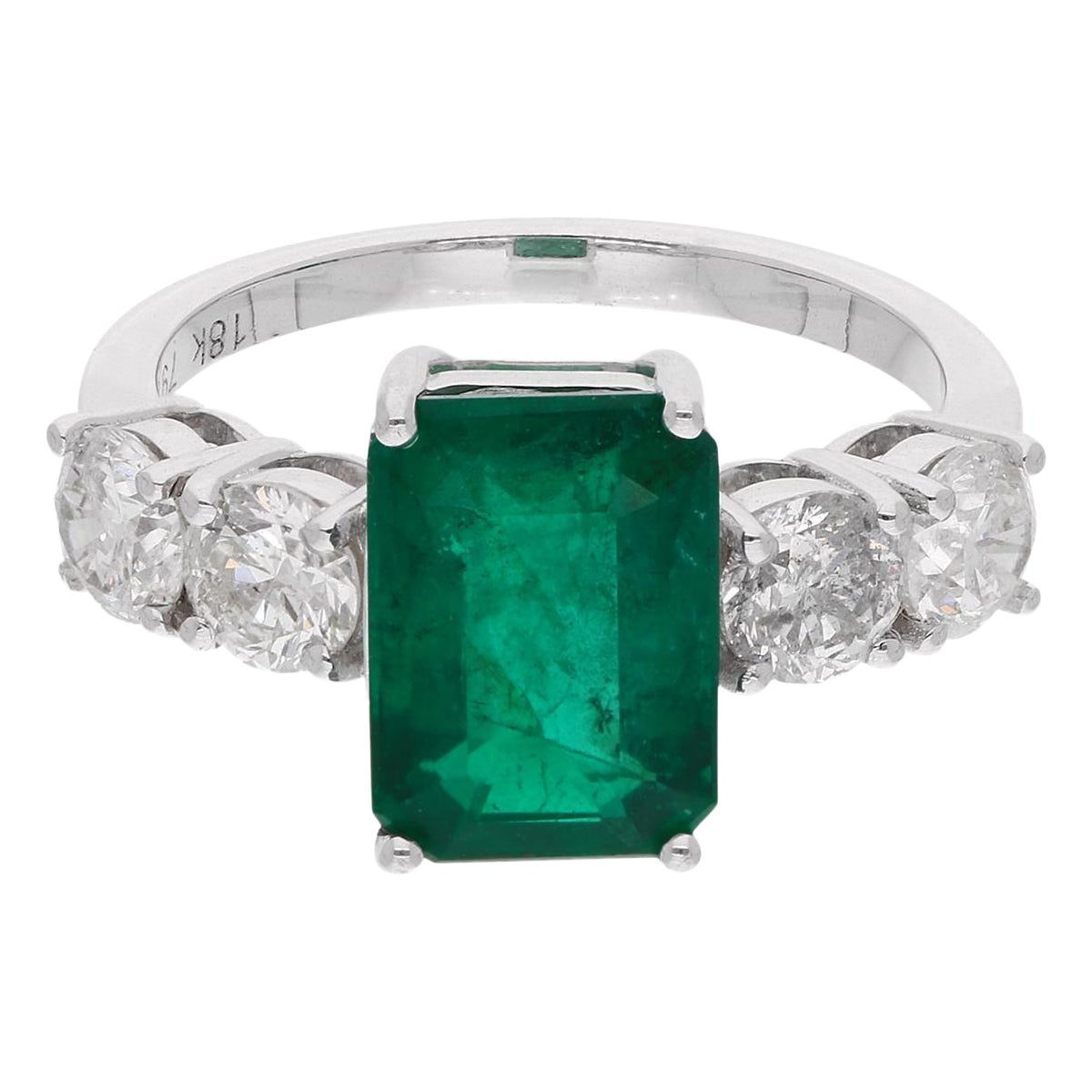 Natural Emerald Gemstone Ring Diamond 18 Karat White Gold Handmade Fine Jewelry