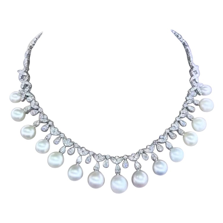 GIT Certified South Sea Pearls 6.50 Ct Diamonds 18K Gold Necklace