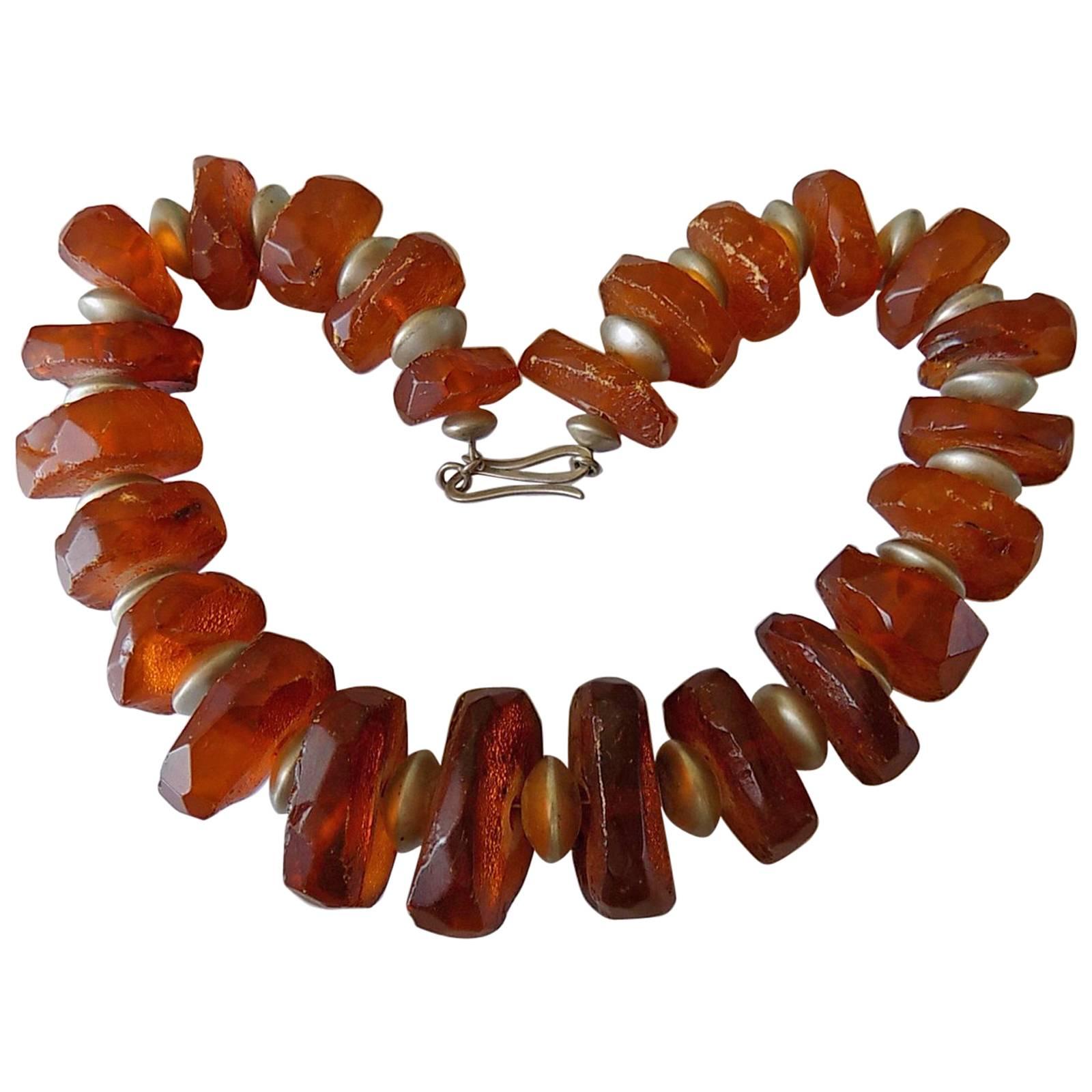 Antique Faceted Baltic Amber and Silver Beads Necklace