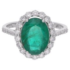 Anello cocktail con pietra smeraldo dello Zambia, diamante, oro bianco 18 carati Gioielli di pregio