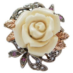 Coral, Rubies, Diamonds, Rose Gold and Silver Ring.