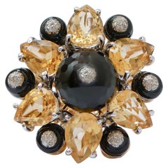 Onyx, Topaz, Diamonds, 14 Karat Rose Gold and Silver Ring.