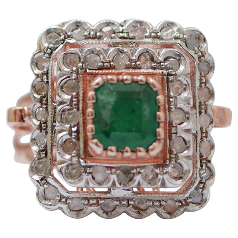 Emerald, Diamonds, Rose Gold and Silver Ring.