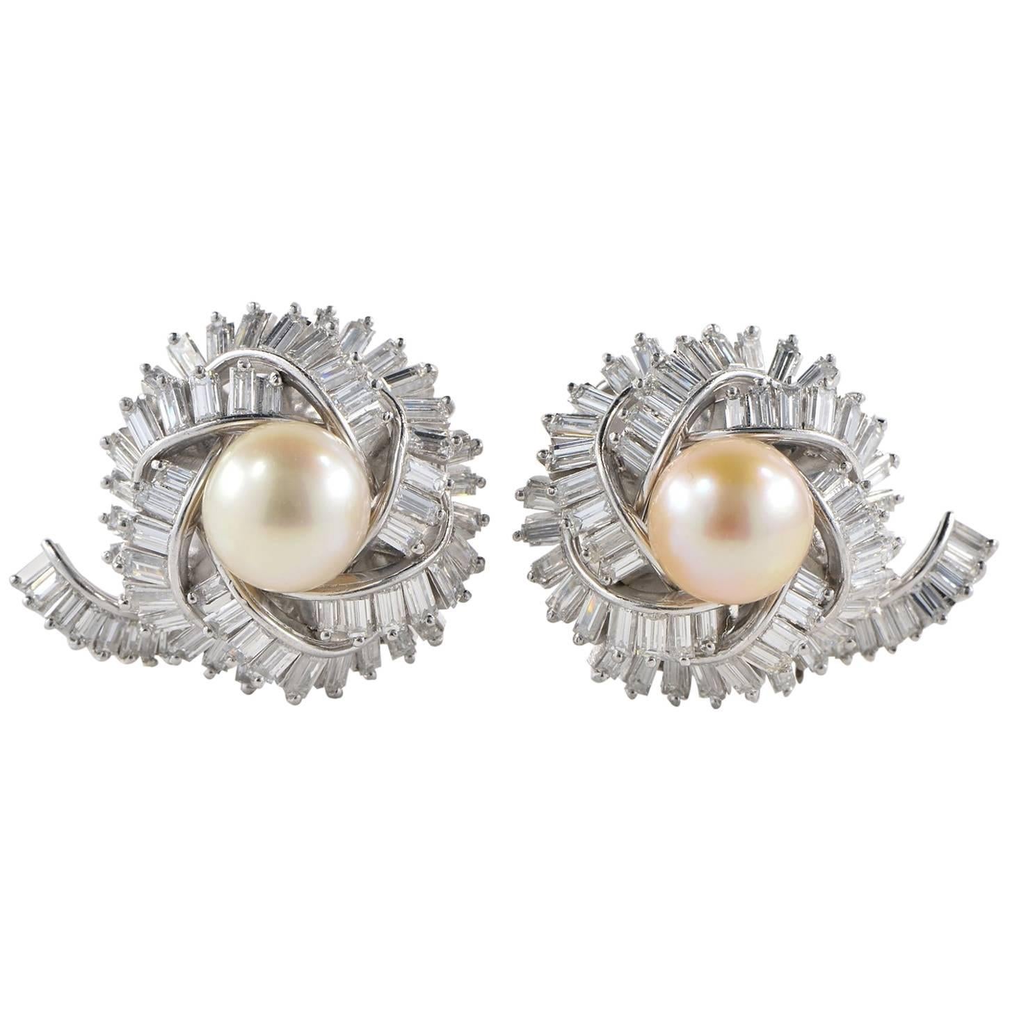 Magnificent 1950s Diamond Round Pearl Platinum Earclips For Sale