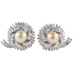Magnificent 1950s Diamond Round Pearl Platinum Earclips
