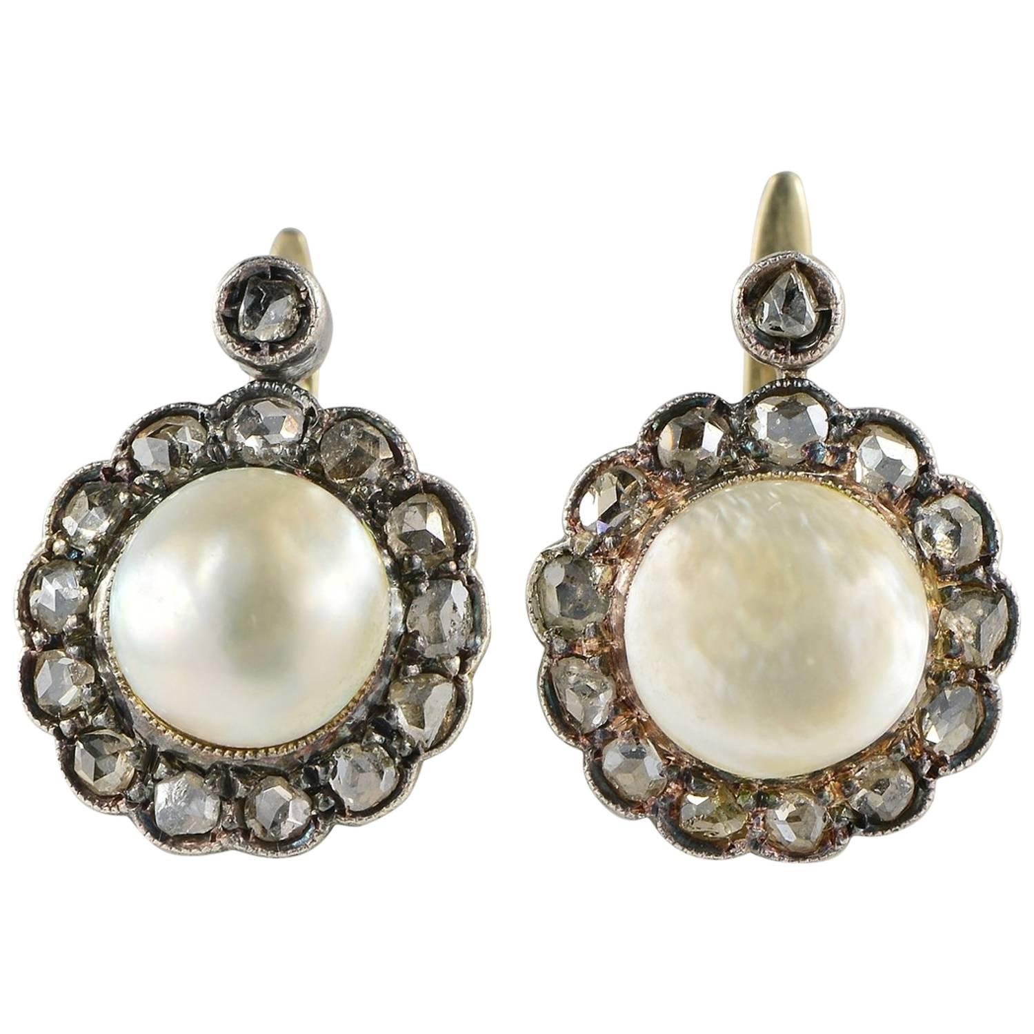 Antique Victorian Natural Pearl Diamond Gold Earrings