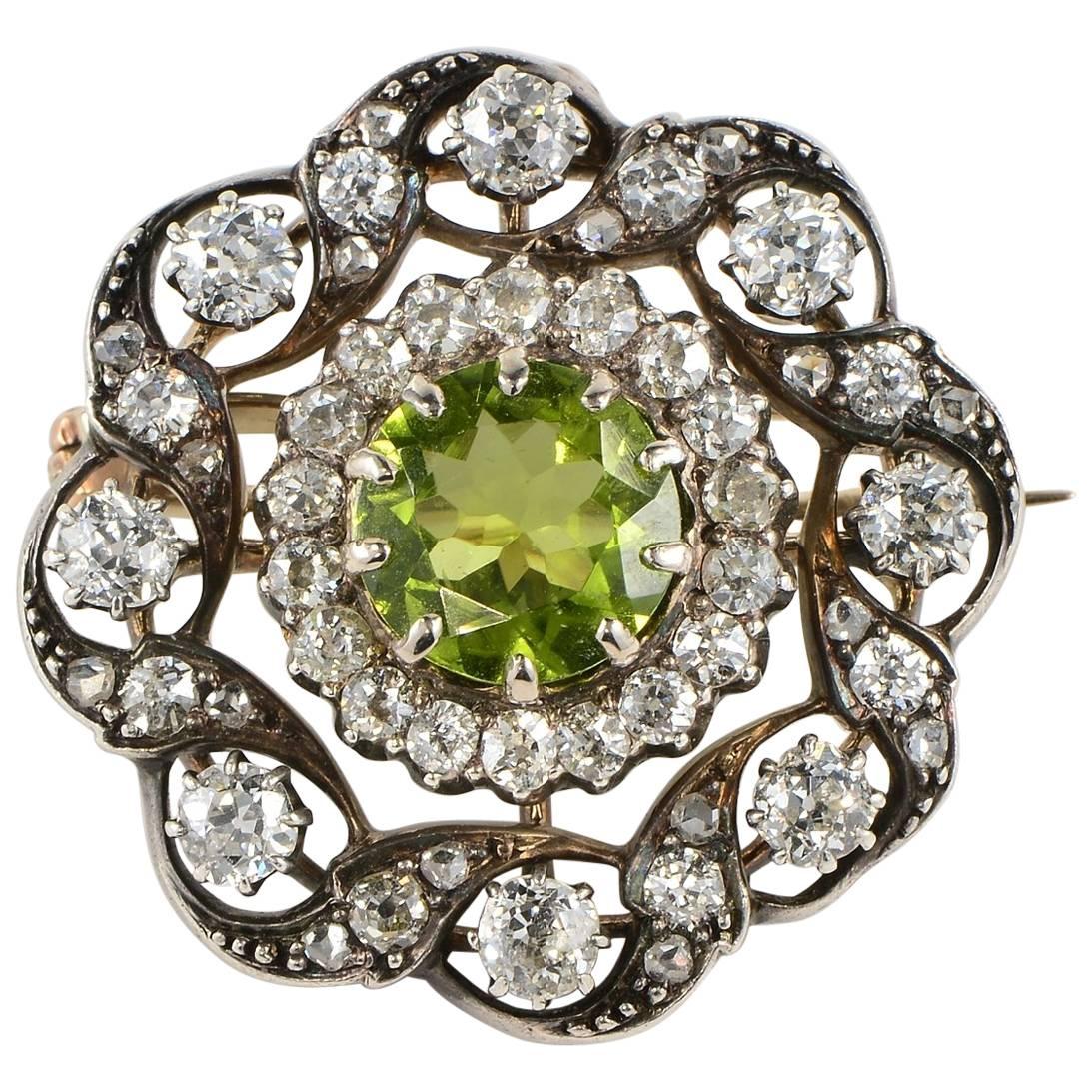 Victorian Natural Peridot Diamond Gold Pendant Brooch For Sale