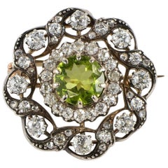 Victorian Natural Peridot Diamond Gold Pendant Brooch