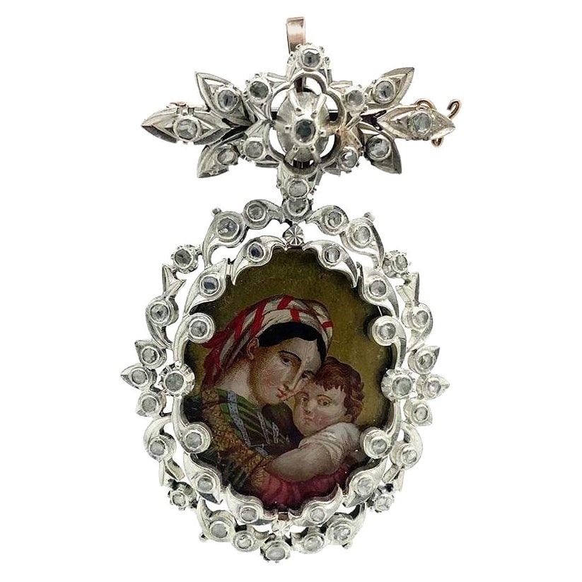 Antica spilla georgiana con diamante da 1,5 carati con ritratto della Vergine Maria e di Gesù in vendita