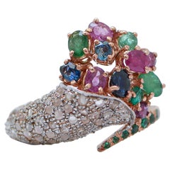 Rubies, Emeralds, Sapphires, Tsavorite, Diamonds, Rose Gold and Silver Ring.