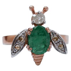 Emerald, Diamonds, Rose Gold and Silver Fly Ring.