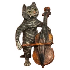 Cat Musician Playing Cello Base Kitten Rare Austrian Vienna Bronze Antique