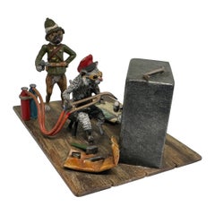 Ladrón de gatos Perro carlino Policía Ratón Caja fuerte Cracking Austriaco Vienna Bronze Antique 1900