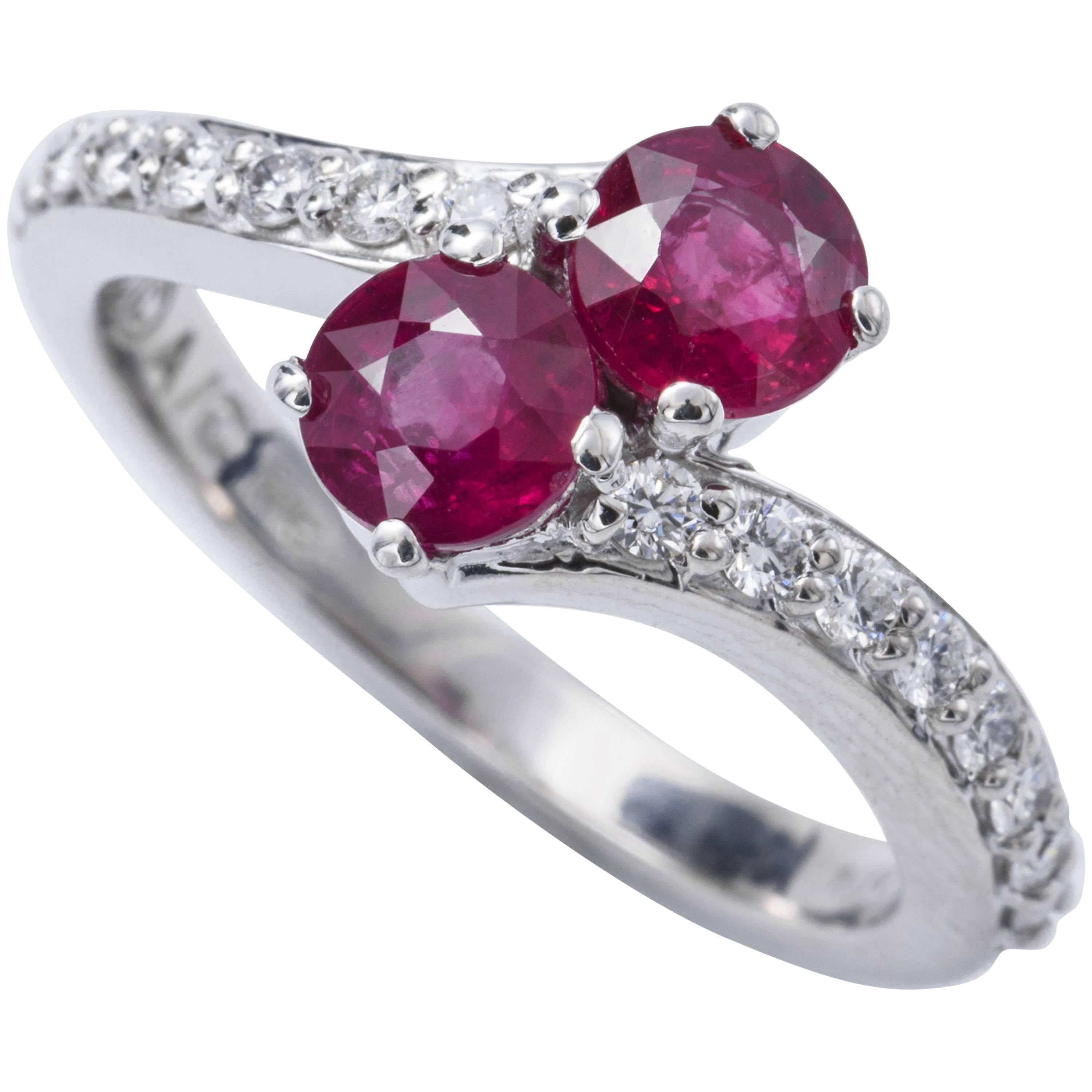 Ever-Us Two Ruby's Solitaire Crossover Diamond Ring