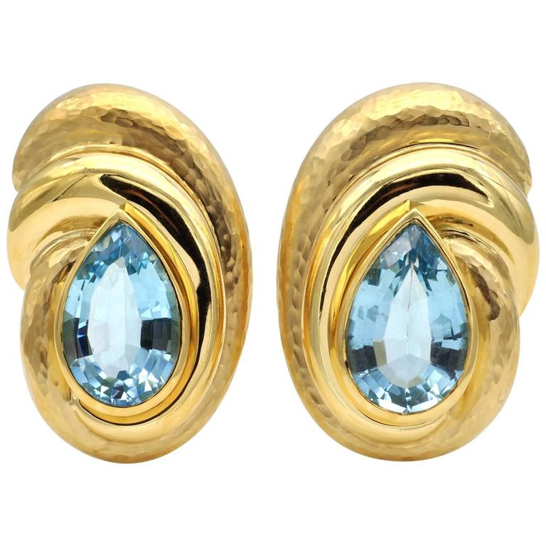Blue Topaz Hammered Gold ClipOn Earring For Sale at 1stdibs