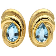Blue Topaz Hammered Gold Clip-On Earring