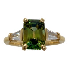 1.40ct Green Sapphire & Diamond 18k Yellow Gold Emerald Cut Three Stone Ring