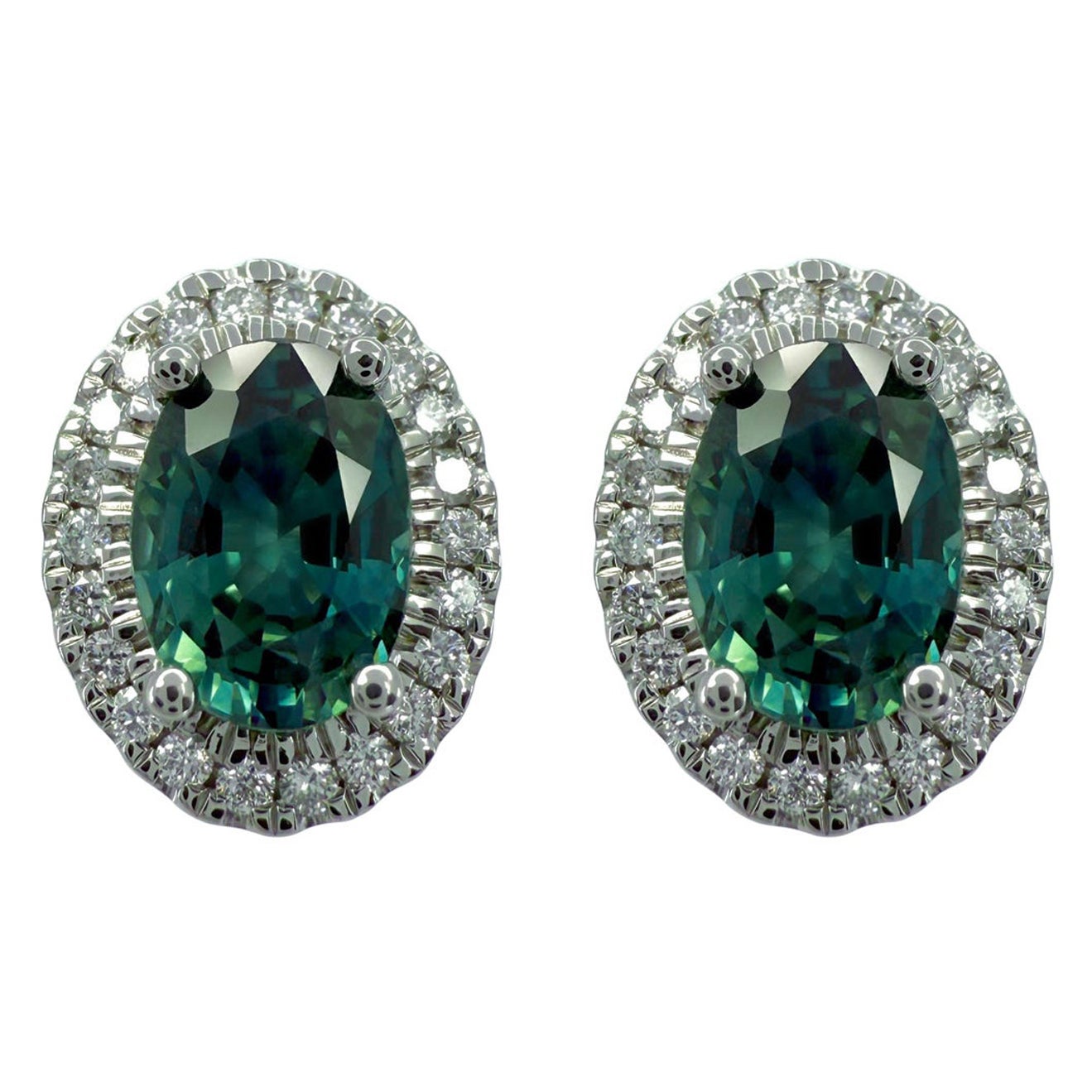 2,54 Karat Ovalschliff Grün Blau Teal Saphir & Diamant Platin Halo Ohrstecker