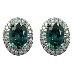 Pendientes con halo de diamantes y zafiro azul turquesa verde talla oval 2,54 ct