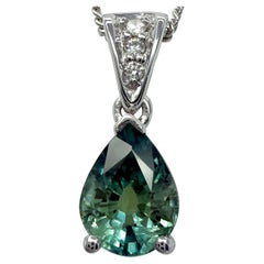 1.10ct Deep Green Blue Sapphire And Diamond Platinum Pear Cut Solitaire Pendant