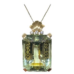 90 Carat Aquamarine Diamond Pendant Necklace 18 Karat Gold Antique Retro