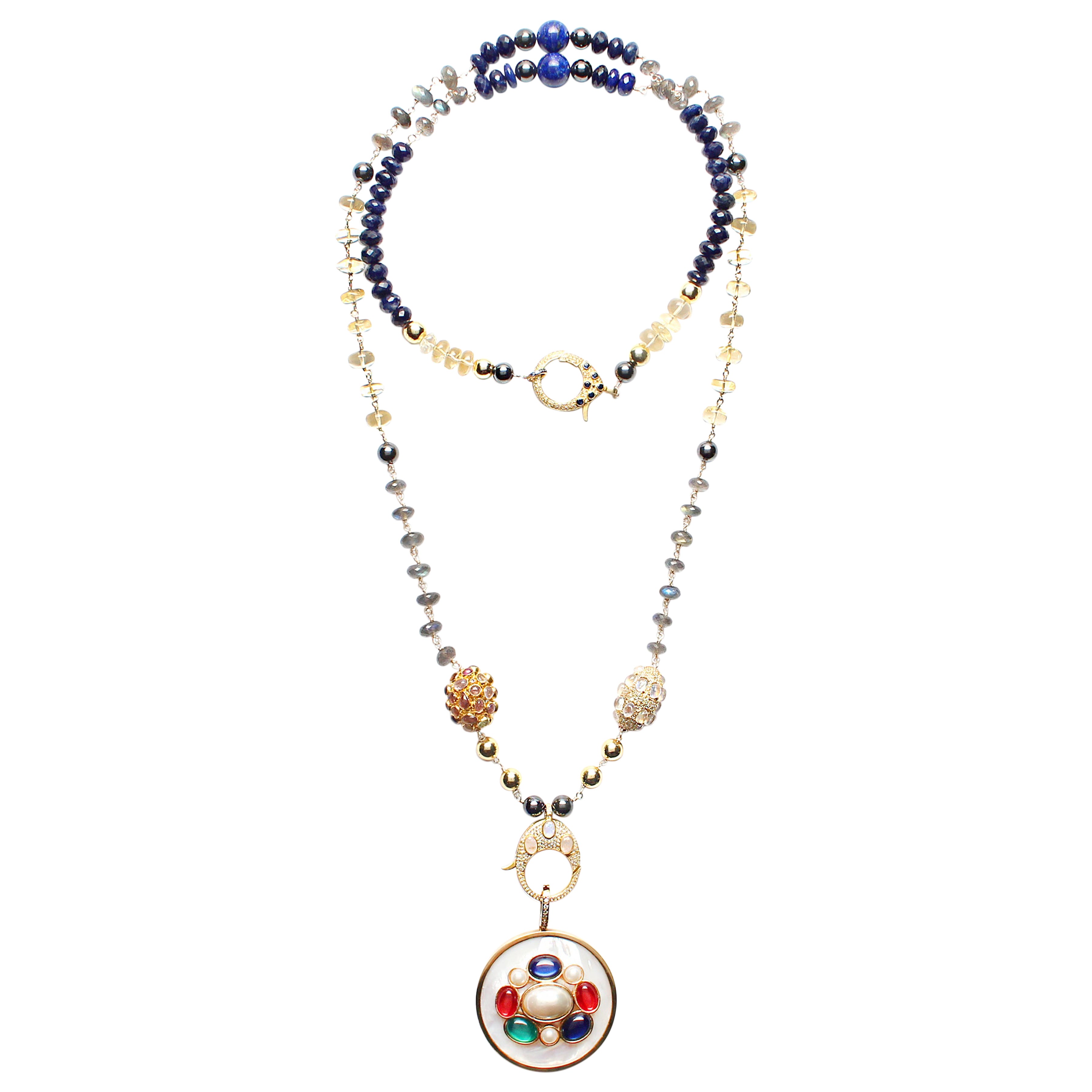 CLARISSA BRONFMAN Lapis Sapphire Diamond "Carmen" Rosary & Motherofpearl Pendant