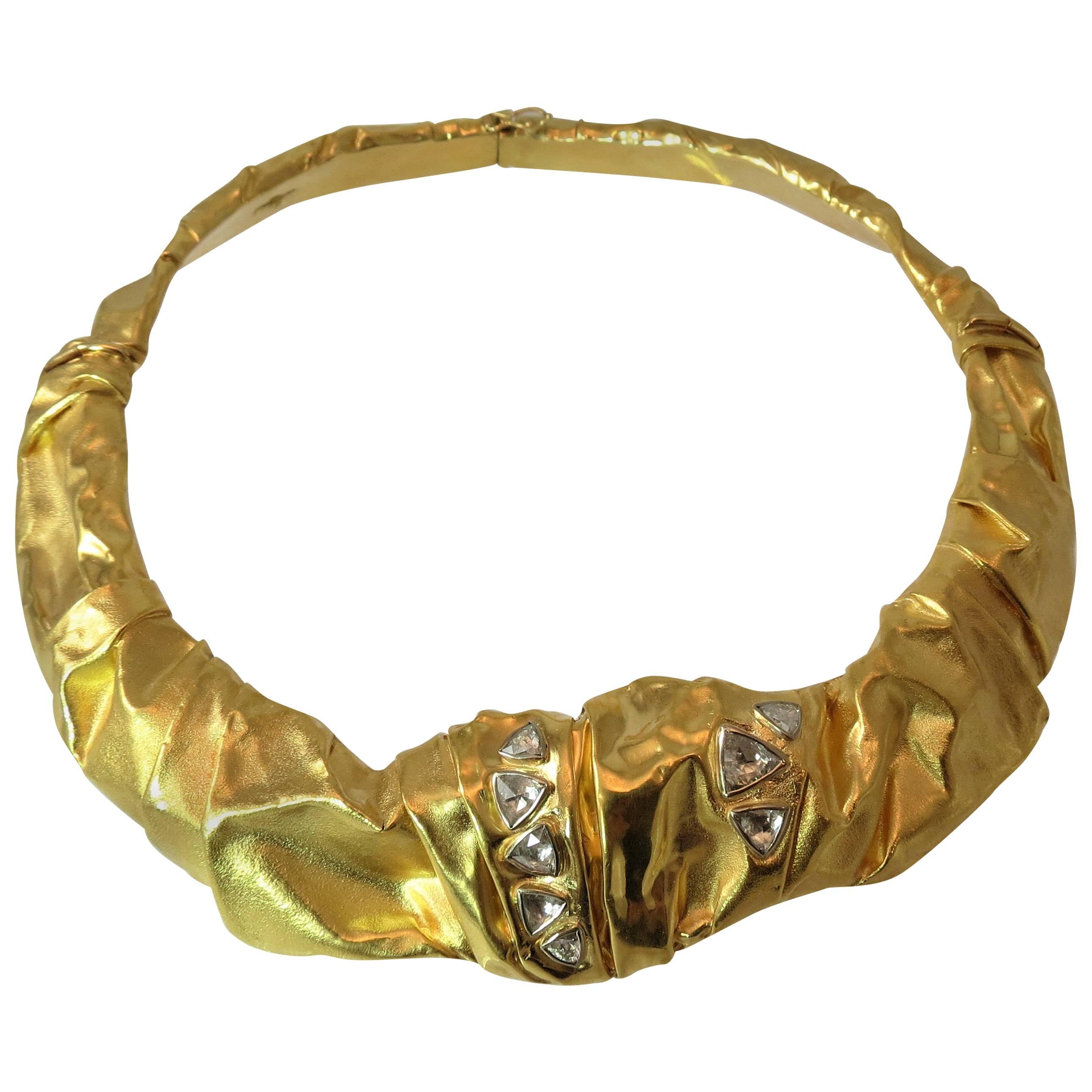 Diamond Rose Cut Diamond Hinged Gold Collar Necklace For Sale