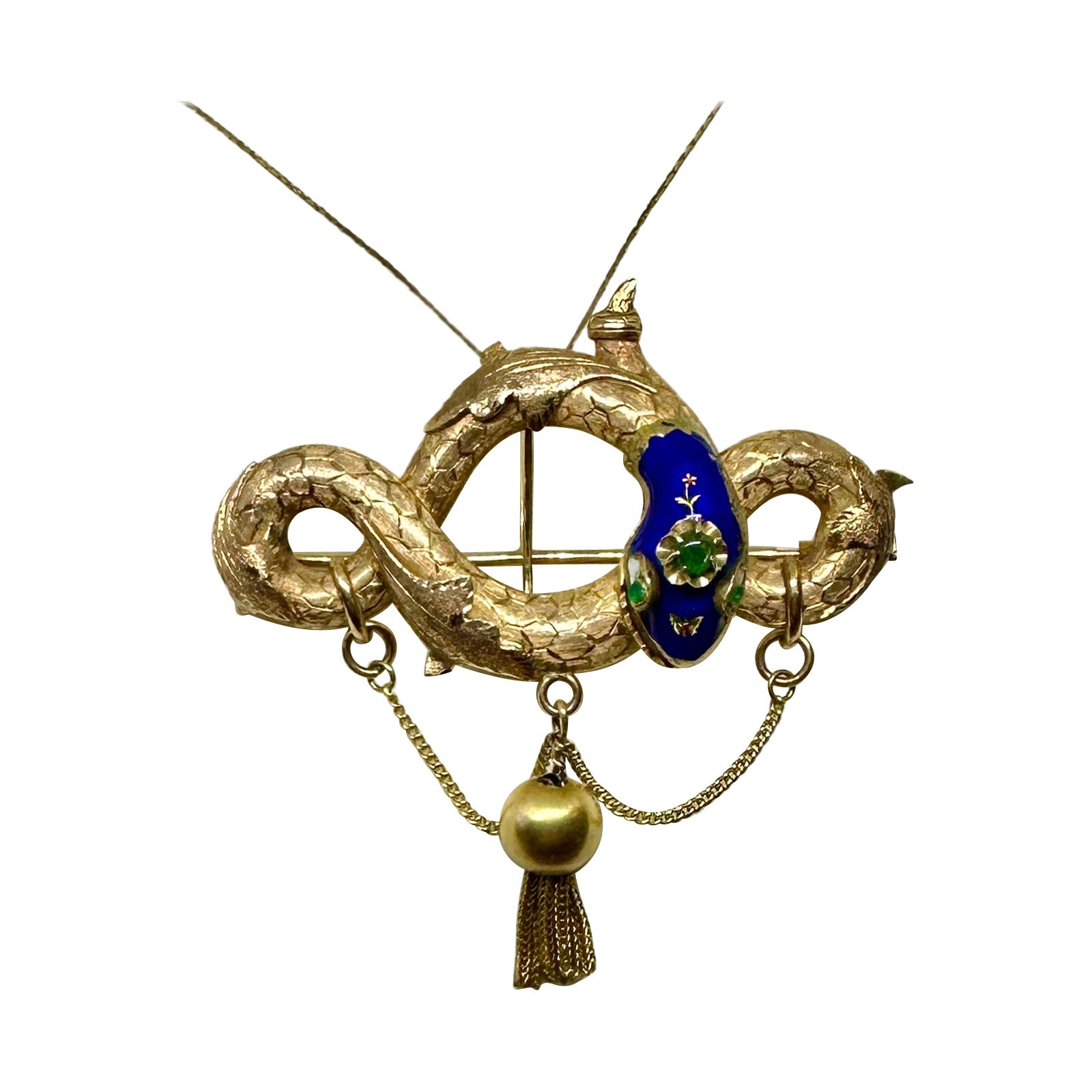 Victorian Emerald Enamel Snake Pendant Necklace Brooch 14 Karat Gold Butterfly