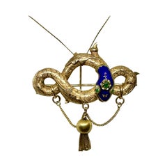 Victorian Emerald Enamel Snake Pendant Necklace Brooch 14 Karat Gold Butterfly