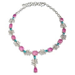 Bochic “Capri” Pink Ruby, Blue Appetite & White Topaz Necklace Set 18K & Silver
