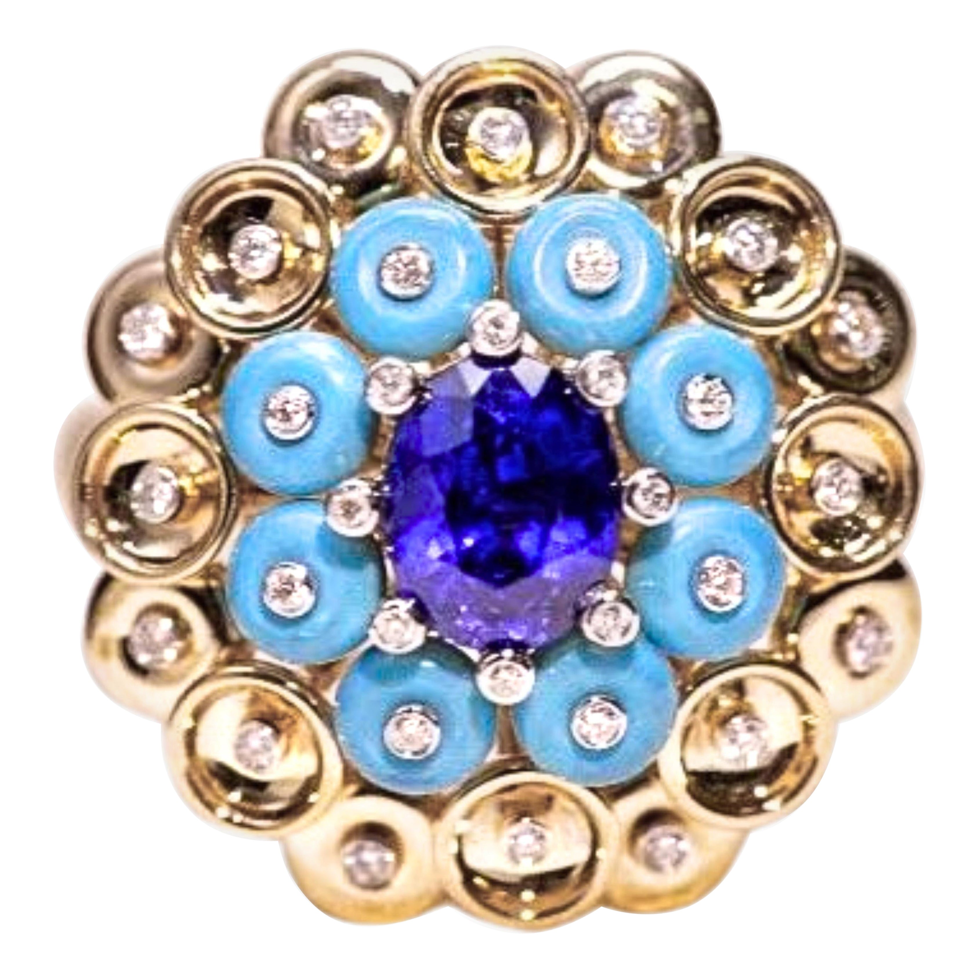 NGL Certified 18K Gold Unheated Sapphire & Turquoise Cocktail Ring with Diamonds