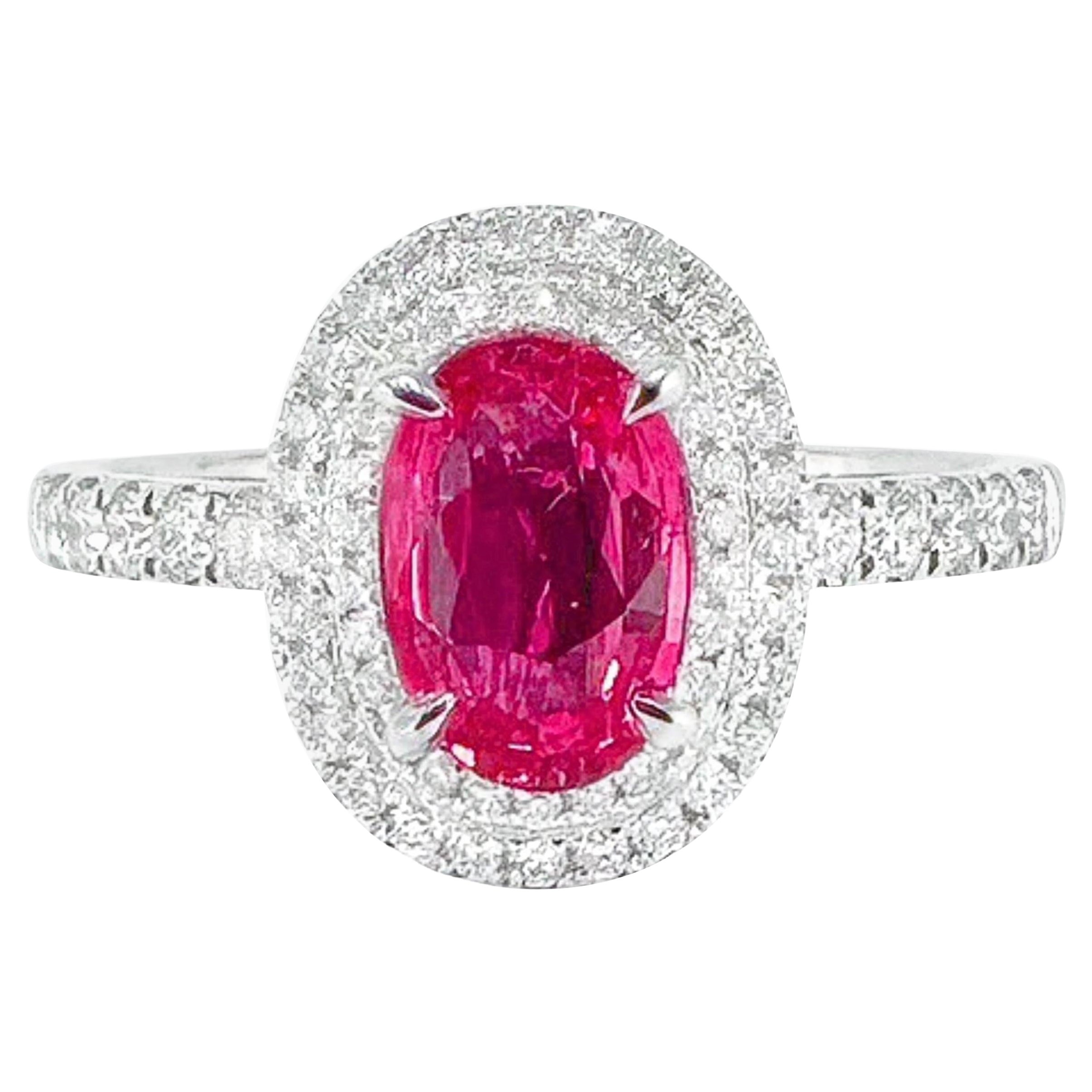 AIGS Certified 1.05 CT Unheated Ruby 18K White Gold Diamond Ring