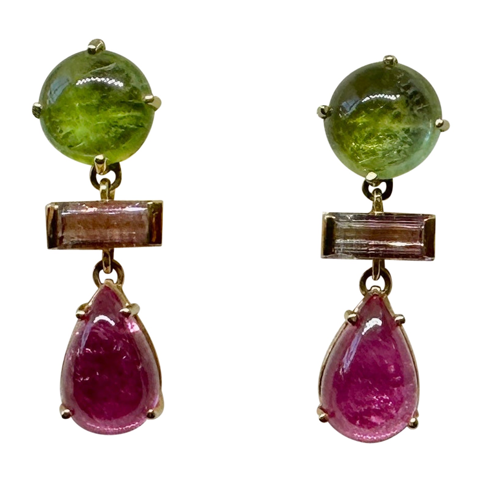 Tourmaline Dangle Drop Earrings 14 Karat Gold Green Watermelon Pink Tourmalines