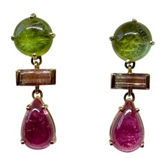 Turmalin-Tropfen-Ohrringe 14 Karat Gold Grüne Watermelon-Rosa-Turmalin-Tropfen