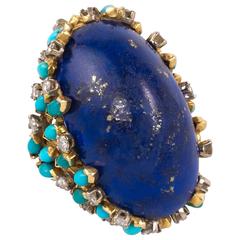 1970s Kutchinsky Gold, Diamond, Turquoise and Lapis Lazuli Cocktail Ring 8